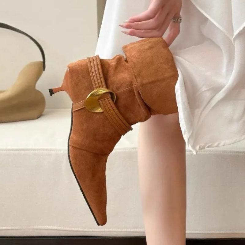 Vintage Metal Buckle Thin Folio Boots Fashion Pointed Toe Cow Suede Padded Foot Non-Slip Shorthole Stack Boots