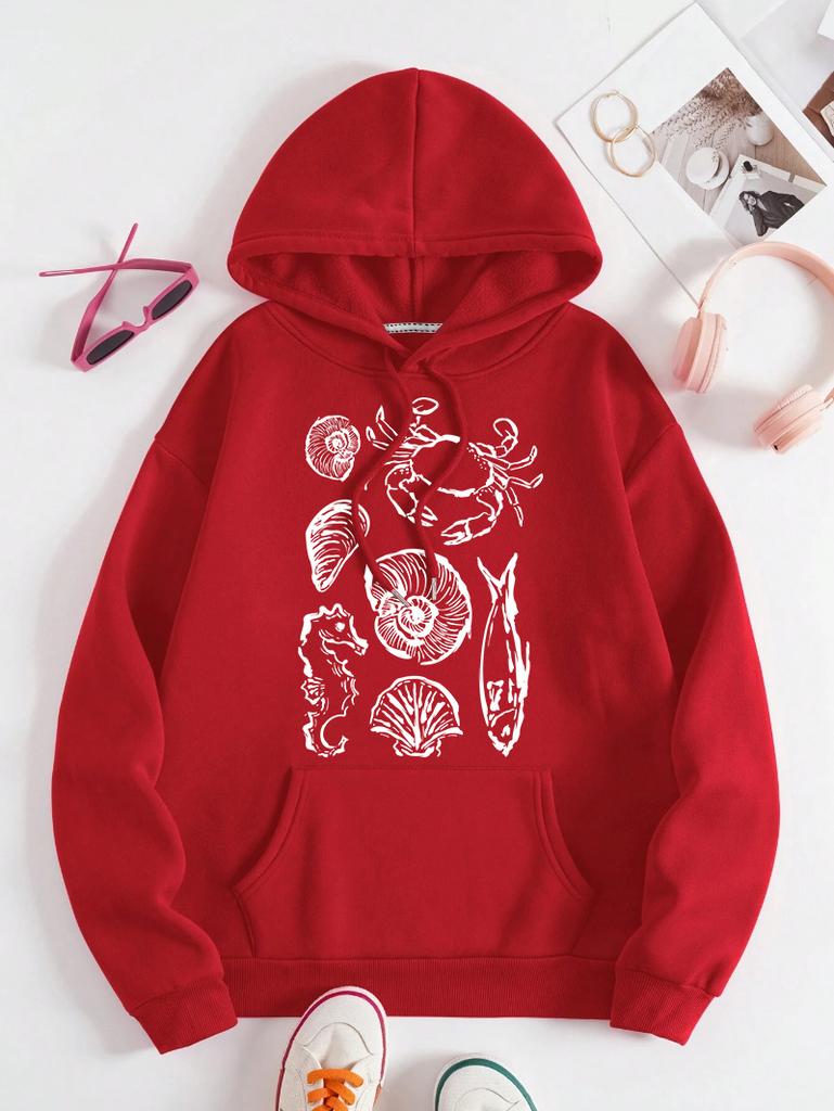 Ocean Fauna Fish Conch Design Women Hoody Loose Fleece Hoodie Autumn Y2K Pocket Hoodies Multicolor Soft Woman Streetwear