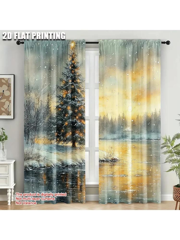 

Plane Printing Pattern Curtains Snowy Pine Tree Polyester Woven Without Rod Versatile All Use Bedroom Made Of Decor W100*H70(CM)-Hooks&2PCS