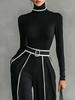 Autumn New Style Elegant Stand Collar Color Block Trim Waist Slim Fit Long Sleeve Knit + Wide Leg Pants Two Piece Set