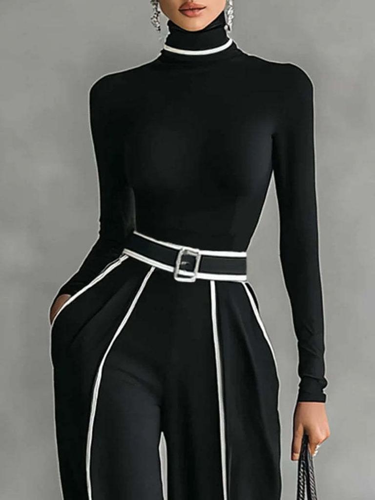 Autumn New Style Elegant Stand Collar Color Block Trim Waist Slim Fit Long Sleeve Knit + Wide Leg Pants Two Piece Set