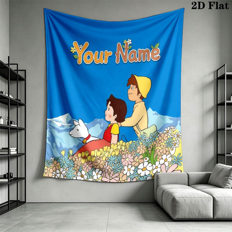 Heidi Alps Cartoon Custom Name Wall Tapestry Aesthetic Wall Hanging Printed Fabric Blanket Decorative Tapestries for Bedroom Living Room Home Decor