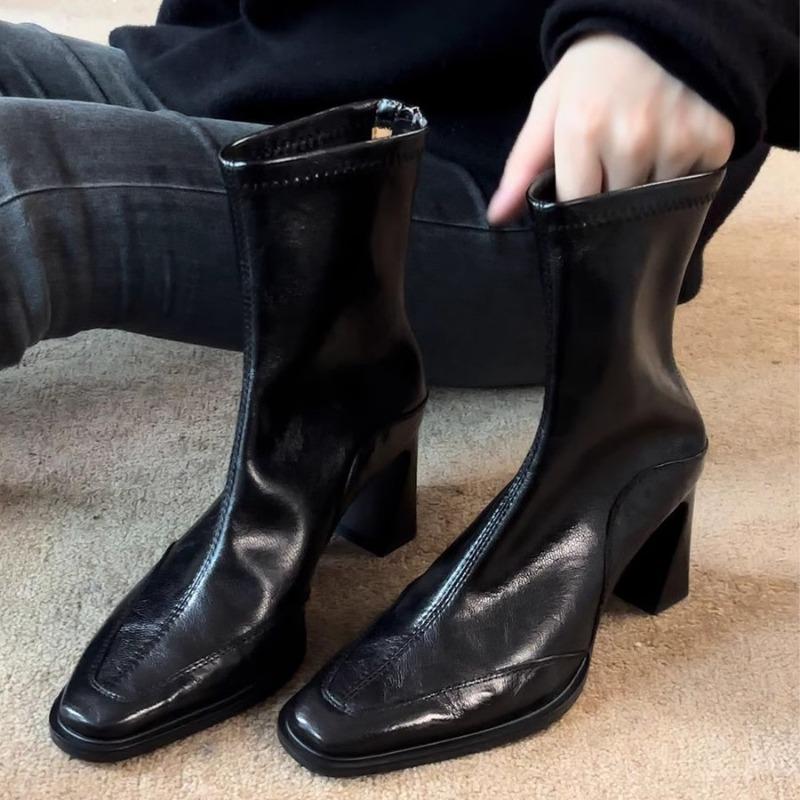 Autumn and winter new retro thin boots high heel thick heel short boots women's small square head elastic boots