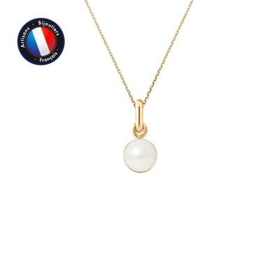 Pendant - - Genuine Cultured Pearl 6-7 Mm - Yellow Gold - Silver Chain 42 Cm - Women
