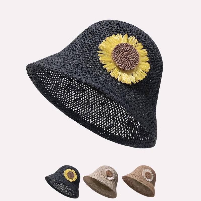 Hat Summer Women's New Summer Bucket Hat Straw Woven Sunflower Straw Hat Bucket Hat Seaside Sun Protection Hat