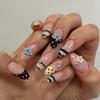 24Pcs Almond Shape False Nails Brown Stripes Pink Flowers Fake Nails Wearable Full Cover Nails Tips Acrylic Nail Tips False Nail
