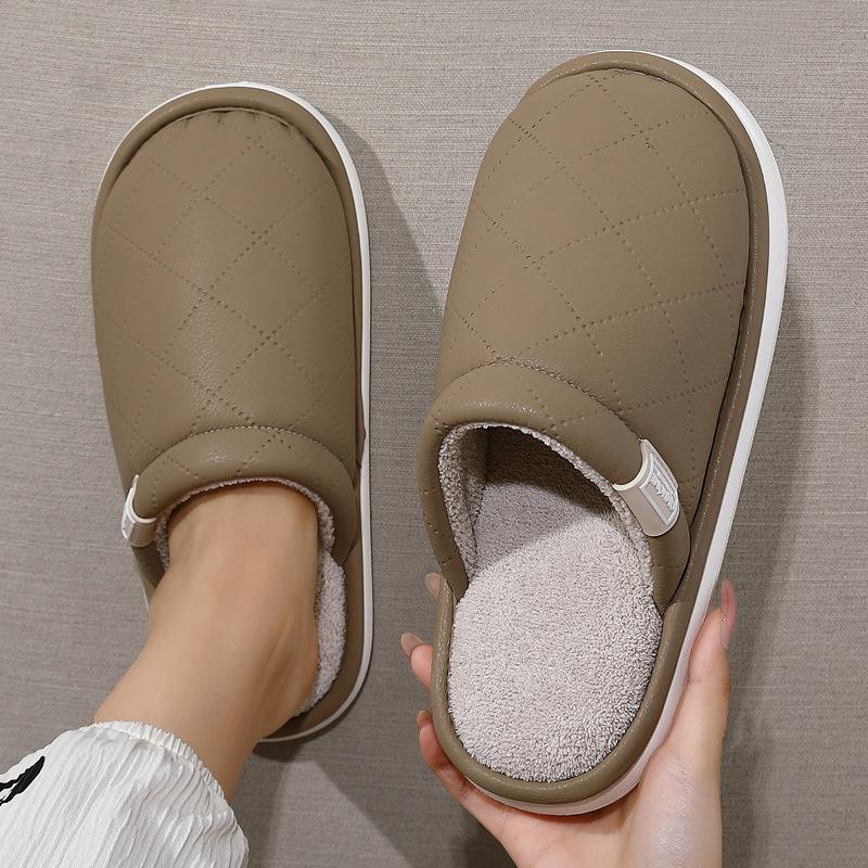 Home Cotton Slippers Winter Pu Waterproof Indoor Home Large Size Warm Plush Cotton Mop