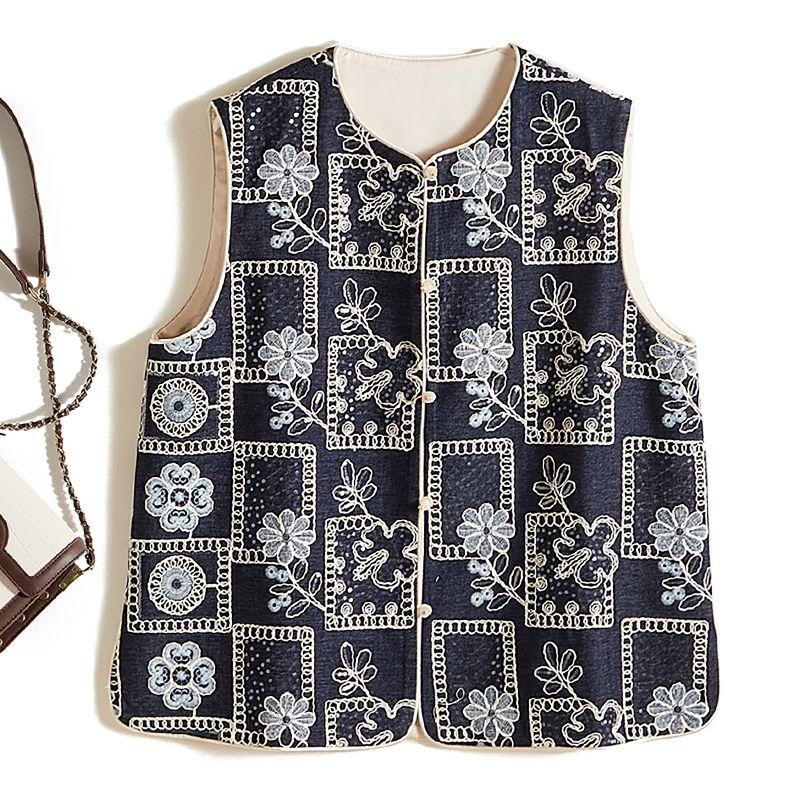 

Large Area Matrix Embroidered Craft! Chinese round Neck Washed Denim Cotton Single Breasted Elegant Female Vest New Outwear Dark Blue L