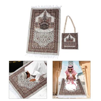 Middle Eastern Muslim Prayer Rug Soft Praying Blanket with Tassels Travel Bag Floral Embroidery Carpet Muslims Gift