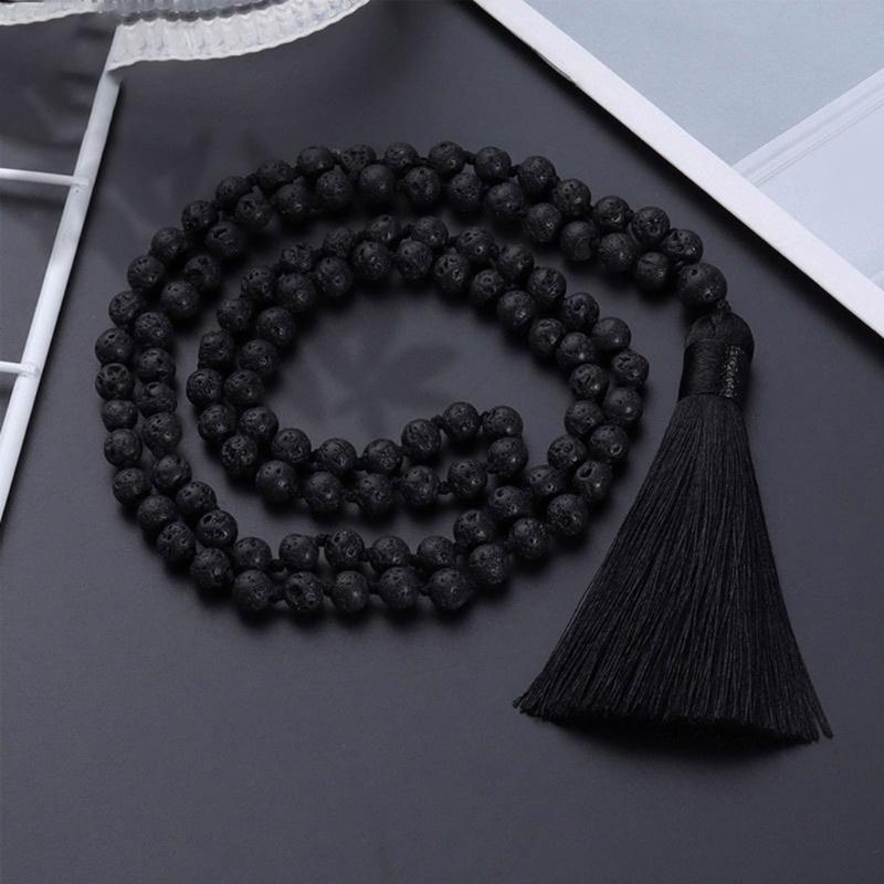 Hand Knotted Beads Necklace with Natural Stone Tassels Spiritual Jewelry Prayer Necklace for Everyday Wear and Rituals