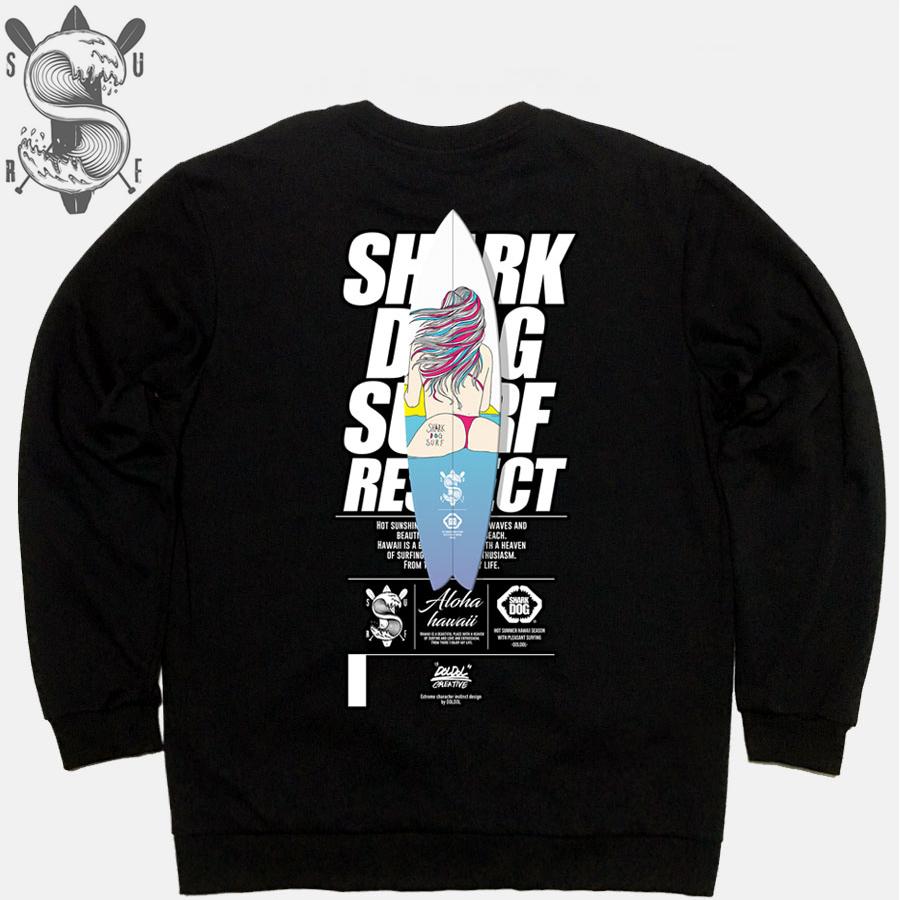 DOLDOL Shark Dog_Mtm-152 Shark Dog Surfing Hawaii Character Graphic Graffiti Design Sweatshirt Long Sleeve