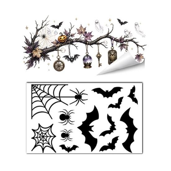 Thickened PVC Halloween Graphics 2 Sheets Window Stickers, Bat Spider Web Static Cling Decals, Festive Party Ornaments Ghost Pumpkin Waterproof