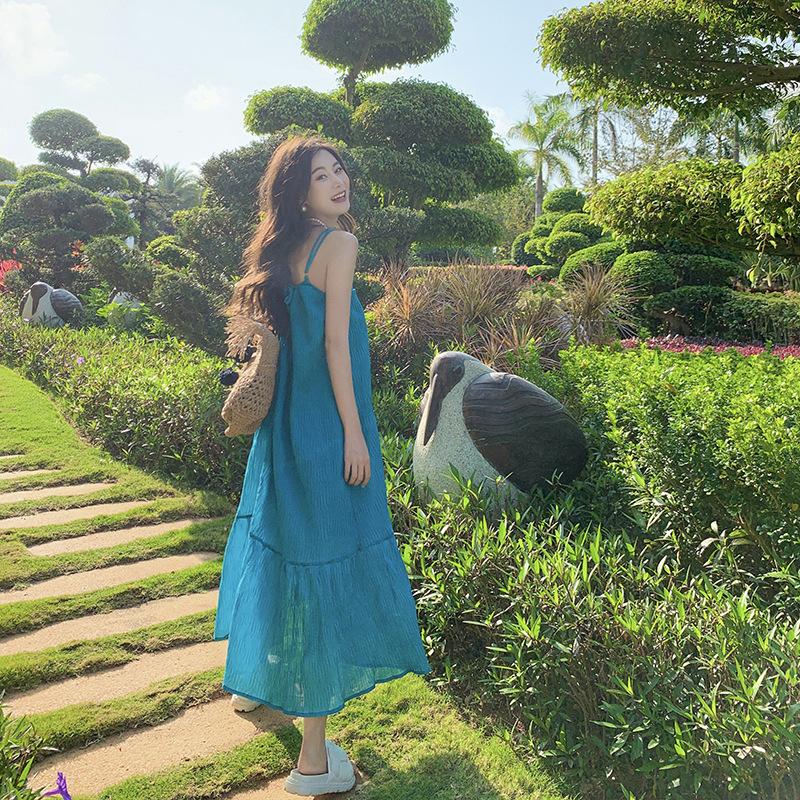 Real shot! Lake blue white suspender long dress temperament swinging holiday dress beach dress S озеро синий