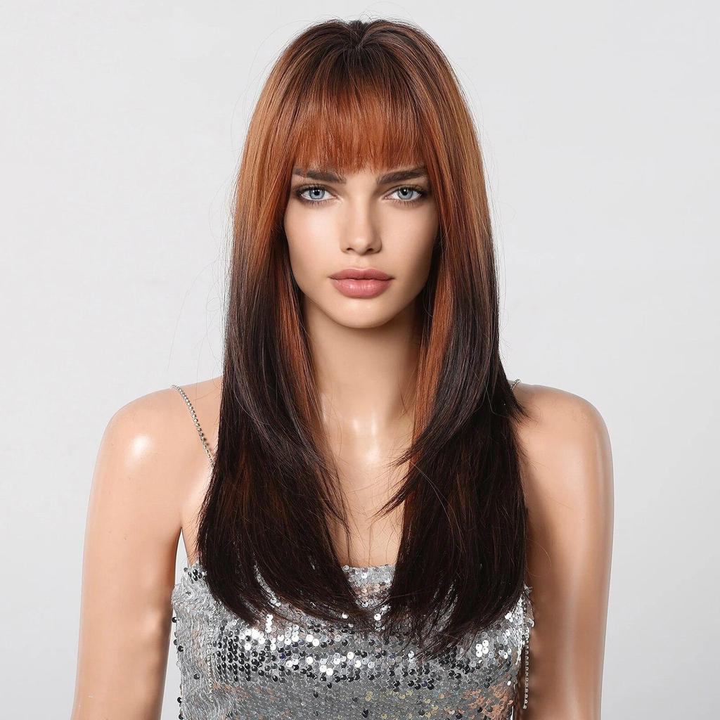 ALAN EATON Light To Dark Brown Layered Wig Long Straight Synthetic Wig Ombre Brown Wig with Bangs for Women for Daily Party Hair