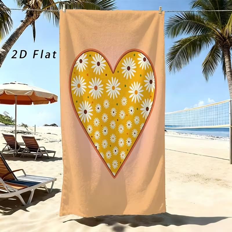 Boho Daisy Heart Print Beach Towel Quick Dry Sand Free Towel Retro Floral Summer Vacation Towel for Women Girls Outdoor