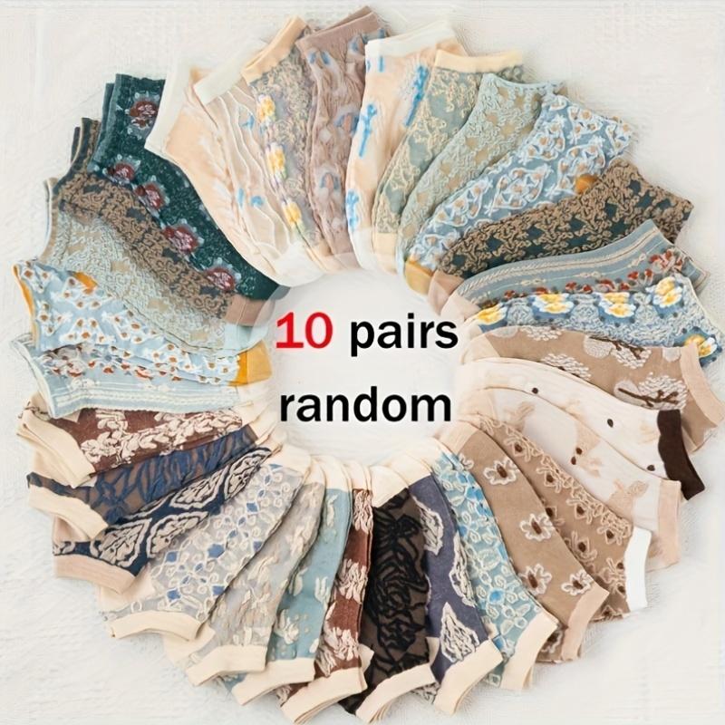 10 Pairs Vintage Jacquard Ankle Socks, Random Beautiful Patterns, Unique Charming Casual Socks