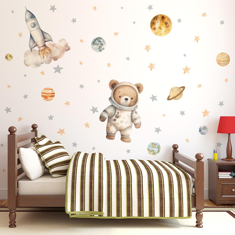 Cute Bear Astronaut Space Rocket Wall Sticker Self Adhesive Removable Kids Room Nursery Decor