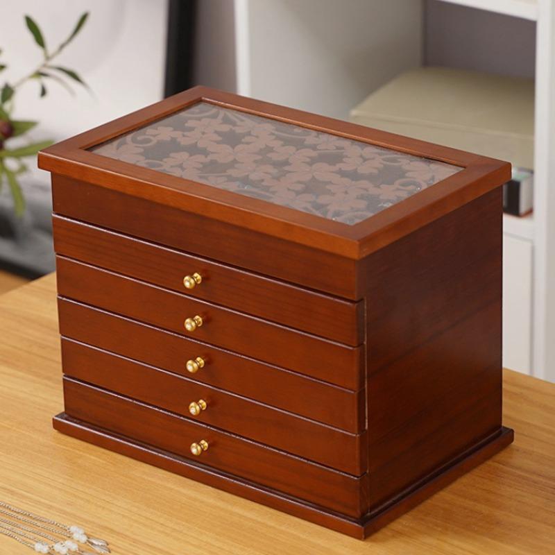 Large Wooden Jewelry Box 4 Leaf Clover Cover Storage Box Drawer Ring Necklace Jewelry Boxes Organizer Case Earrings Display Tray
