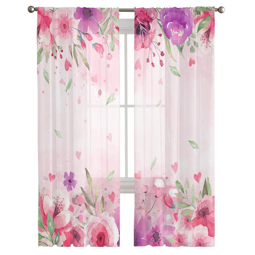 Walentynki akwarela kwiaty miłość zielone liście przezroczysta zasłona okienna tiulowe zasłony do salonu Home Decor woalowe zasłony