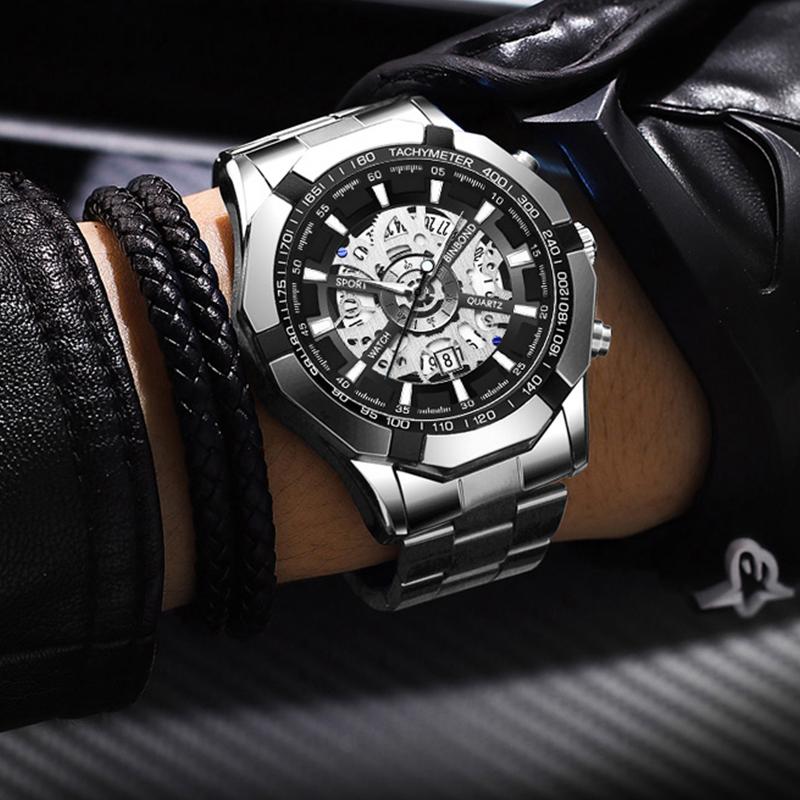 BINBOND Men Watch Light Luxury Brand Business Hollow Luminous Waterproof Stainless Steel Metal Strap Male Fashion Quartz Watches