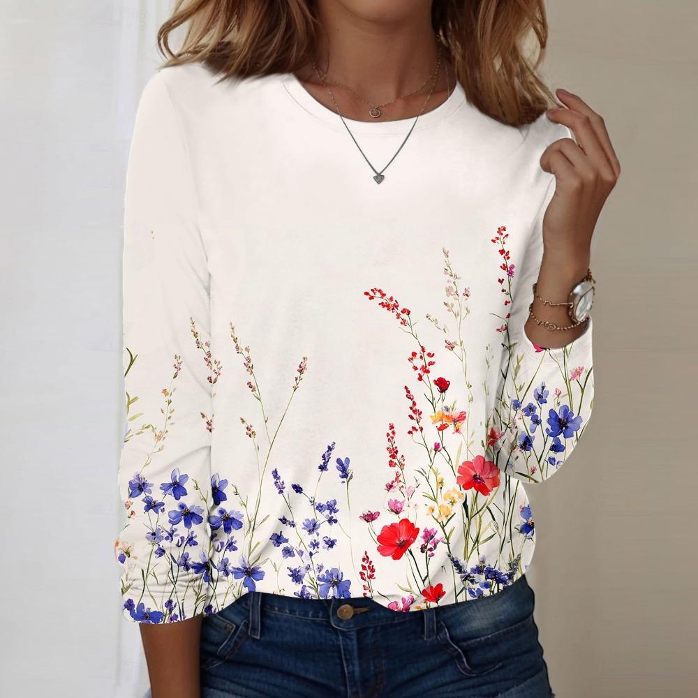 Women Fashionable Casual Long Sleeved Round Neck Floral Graphic Top Basic Design Loose And Comfortable Pullover
