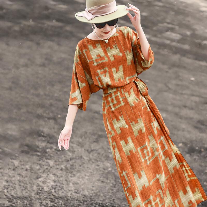 Lanseer Women s Summer Batwing Sleeve Tie-Waist A-Line Dress XL