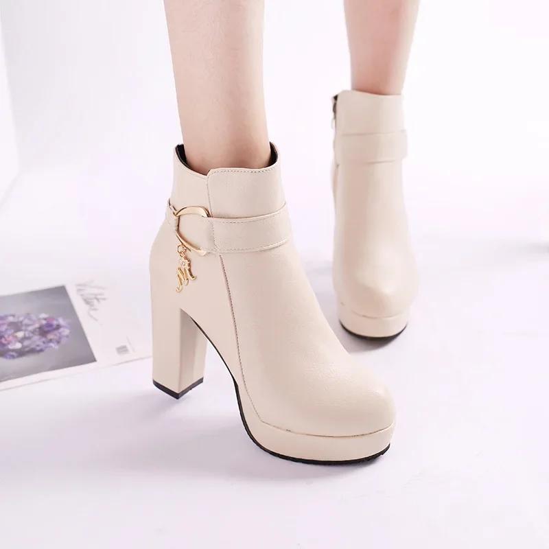 2024 Women Fashion Ankle Boots New Warm Velvet Chunky High Heels Shoes Snow Boots Comfort Soft Leather Cotton Shoes