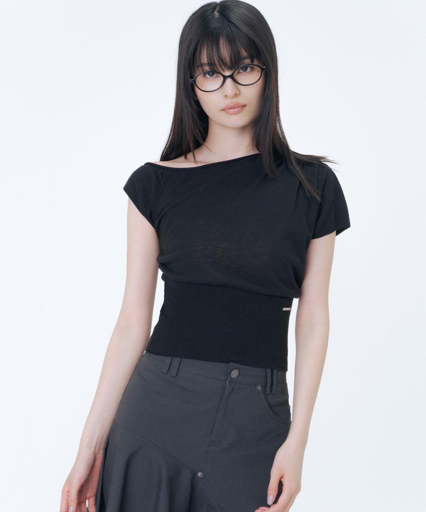 MISEKI SEOUL One Shoulder Sheer Knit Top Black