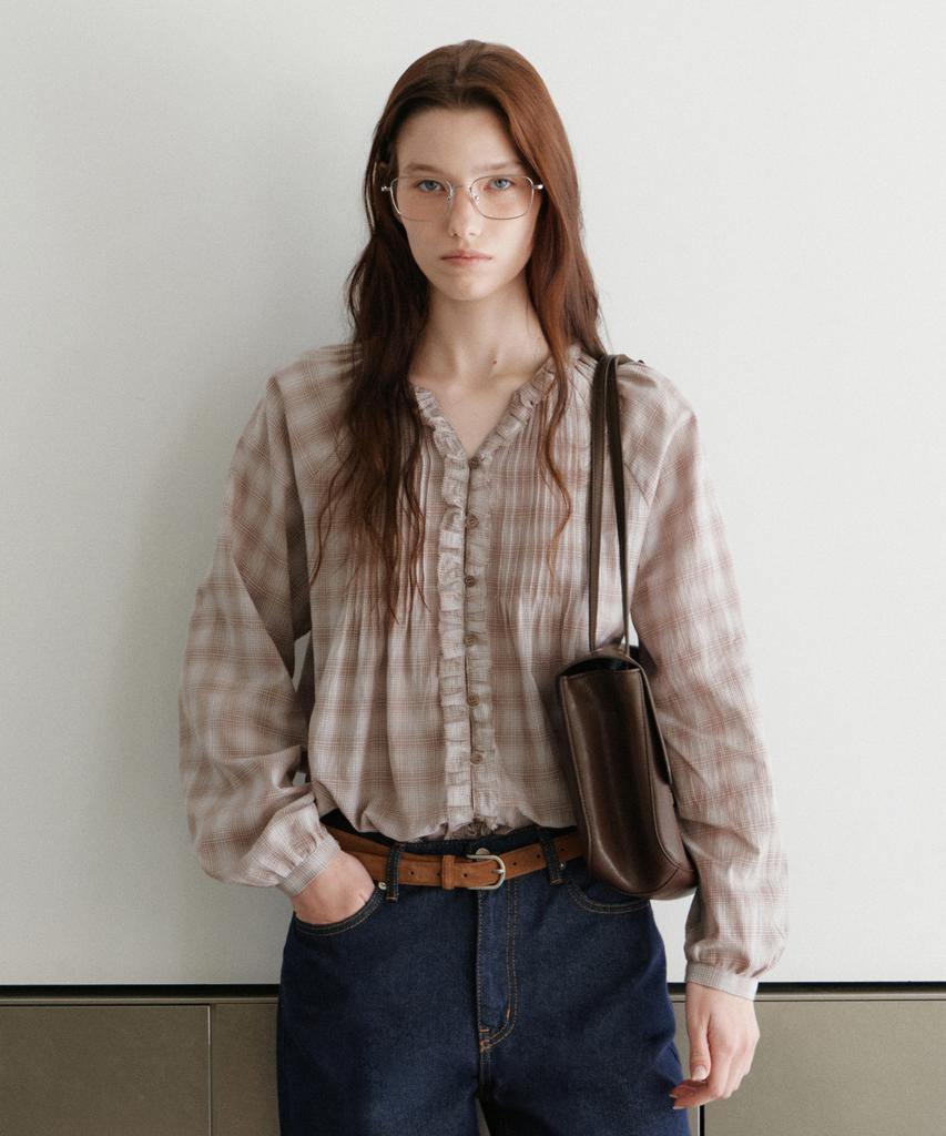 URAGO Check Frill Pintuck Blouse_2Colors