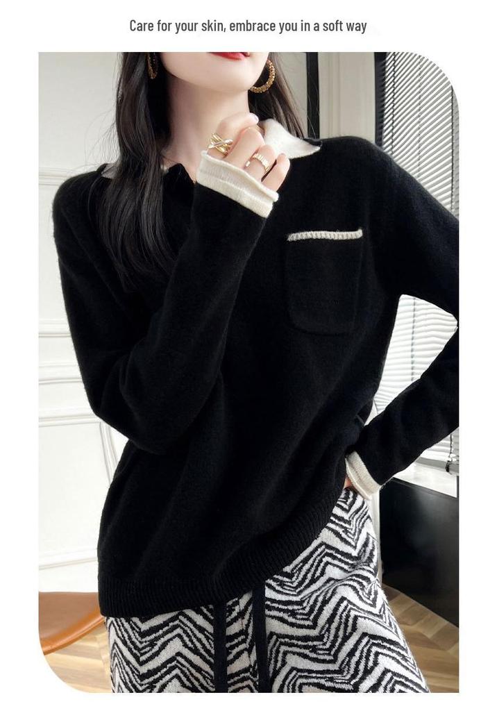 Women's Loose Wool V-Neck Color Block Pullover Sweater - Autumn/Winter Warm Lazy Style