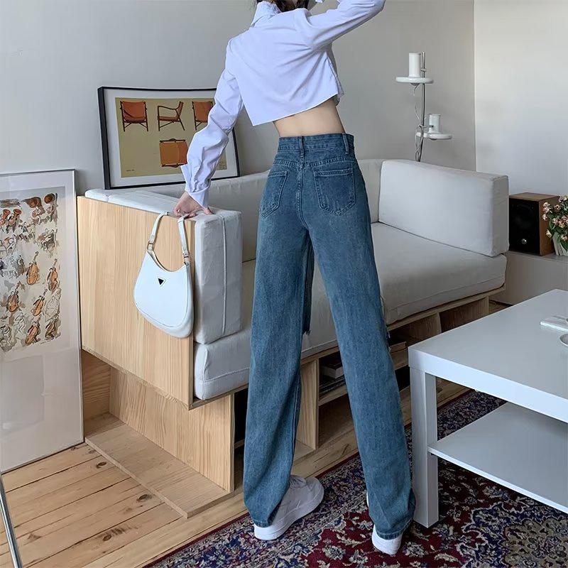 Women's High-Waist Ripped Straight-Leg Jeans - Large Size, Loose, Wide-Leg, Autumn 2022 Collection