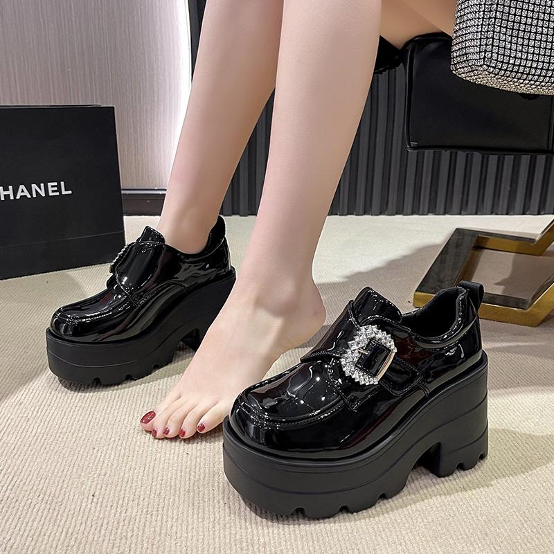 Fashion Women's Fashion Thick Heel Shoes Spring New Square Head Deep Mouth Water Drill Buckle Thick Sole Non-slip Low-top Shoes