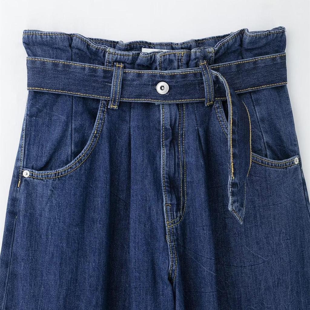 2025 Spring Women's Denim Shirt with Belt and Pleated Long Pants Set