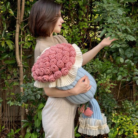 Rose Bouquet Pillow 2-in-1 Decorative Knitted Throw Pillow Blanket Machine Washable Bouquet Cushion for Couch Sofa Bed Anniversary Gift