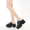 Fashion Big Size 43 Open Head Block Heel Chunky Platform Slippers Women Summer Shoes Mules Slingback Muffin Bottom Black Leather