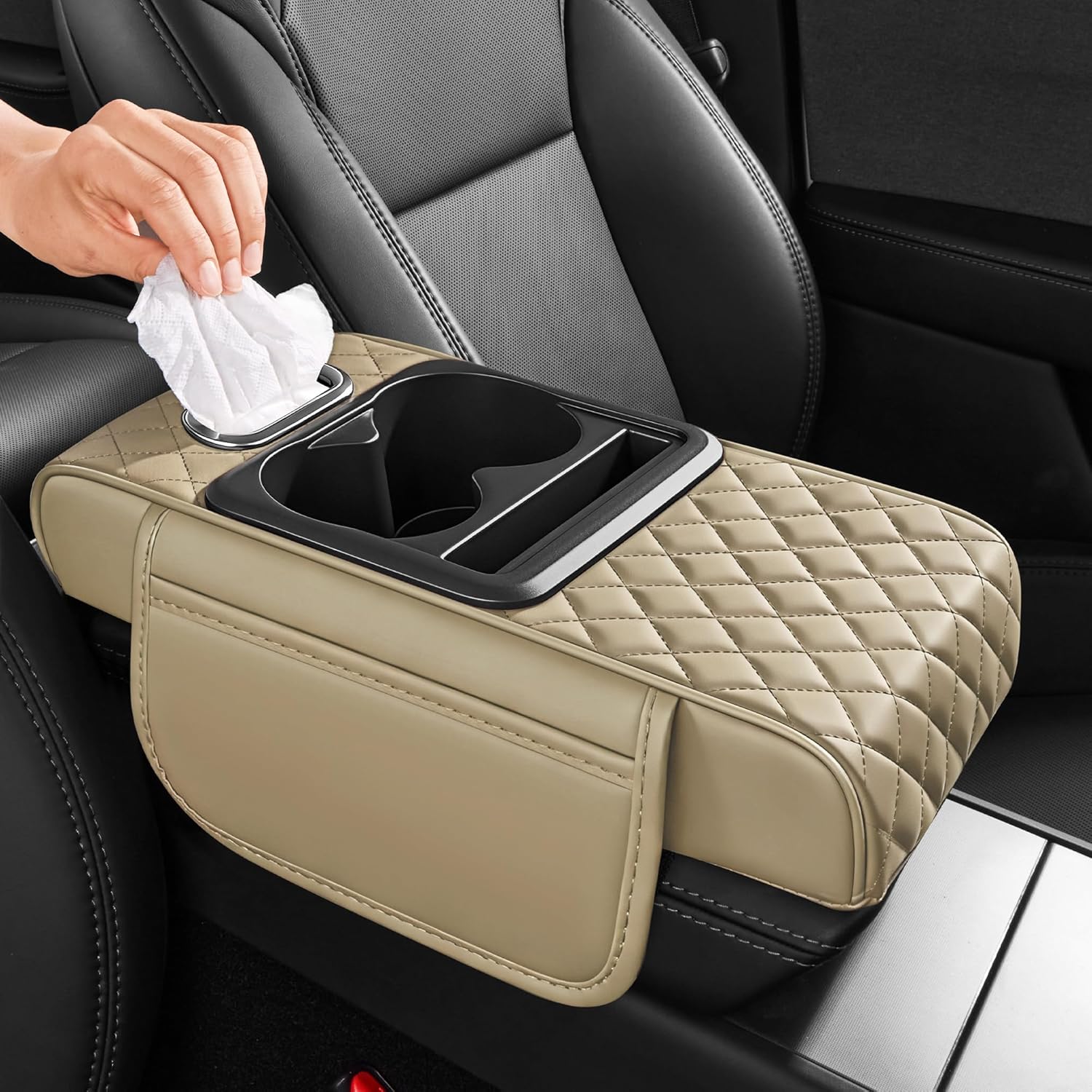 

5 in 1 Car Center Console Cover, Armrest Pad with 2 Storage Pockets, Cup Holder, Tissue Box Slot, Phone Holder, Universal Car Interior Organizer бежевый