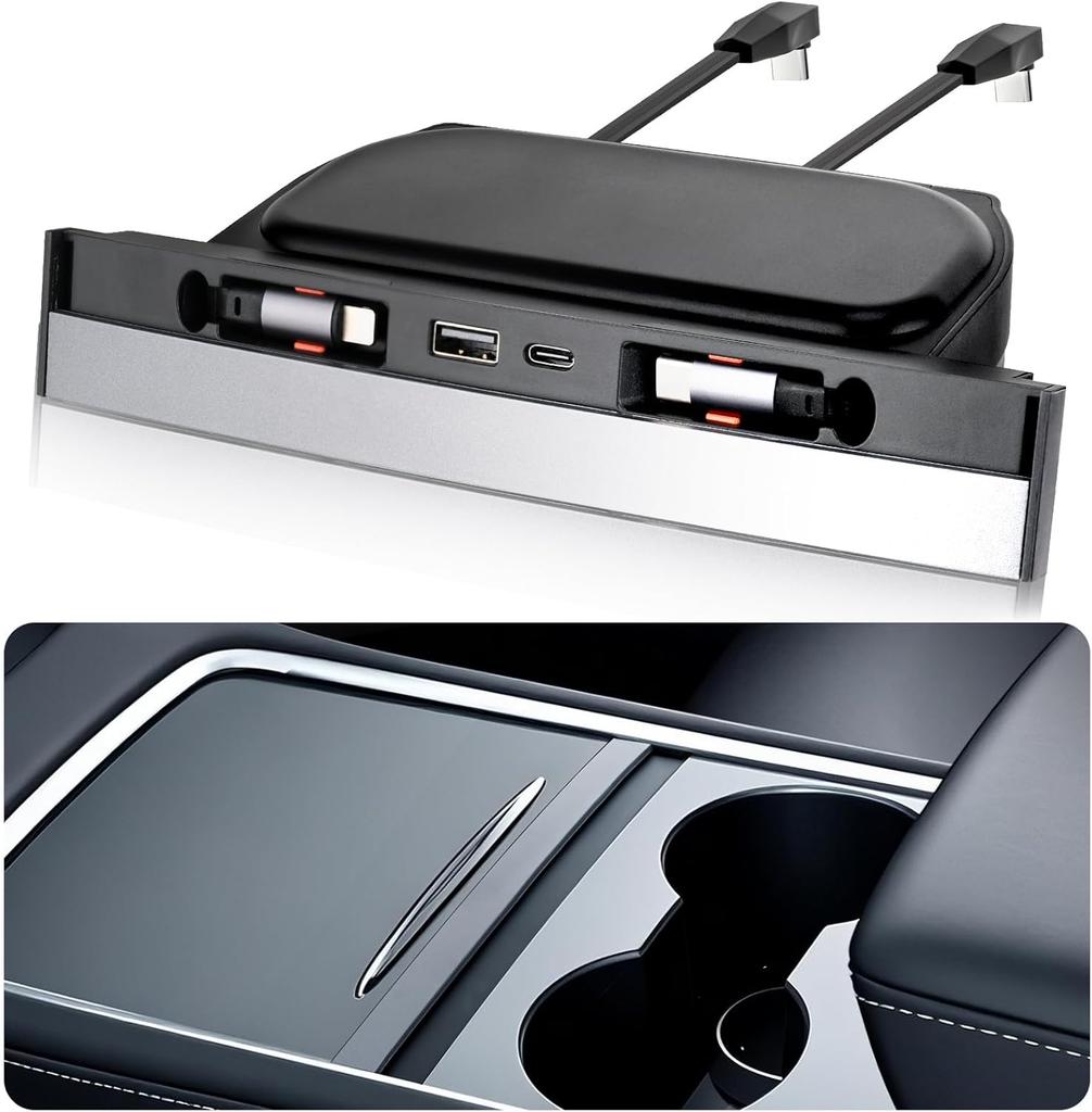 USB Hub for Tesla Model Y 2020-2024 Model 3 2020-2023 with Sliding Cover Multi Ports Fast Charger with Retractable Cables Waterp
