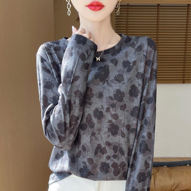 Spring And Autumn Long Sleeve Retro Printed T-Shirts Women Basic Casual Tops Female Cozy Loose Tees Harajuku T Shirt