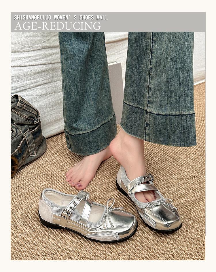 French Retro Silver Mary Jane Shoes Women's Summer 2025 New Niche Bow Ballet Shoes Women's Single Shoes