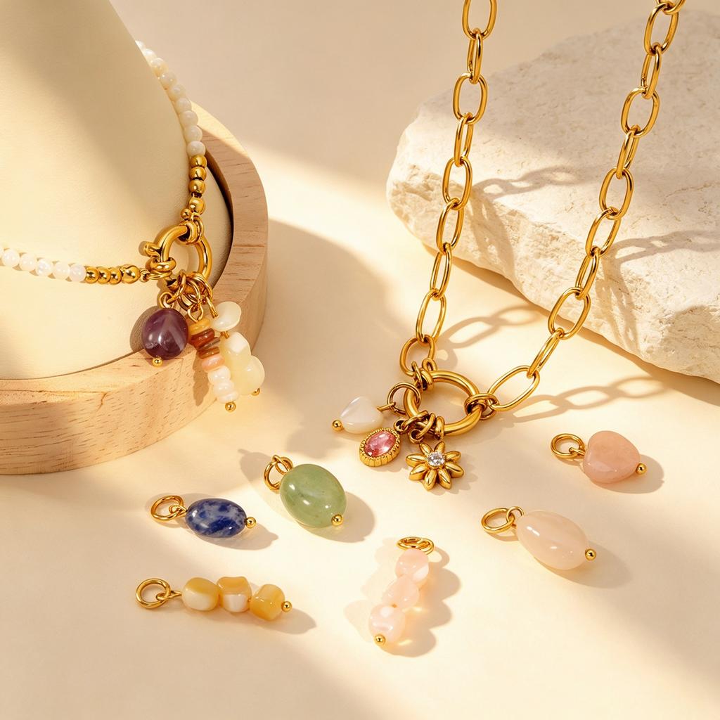 Dainty PVD 18K Gold Plated Stainless Steel Jewelry Multi Color Natural Stone Charm Pendants for DIY Bracelet Necklace Making