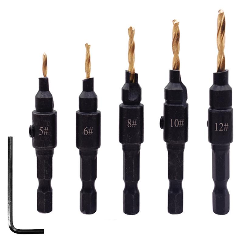 5Pcs 1/4'' Hex Shank Countersink Drill Bit Set HSS Woodworking Pilot Screw Holes