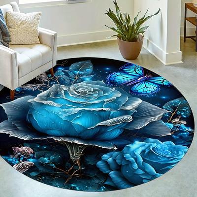 Luxuriöses blaues Blumen- und Schmetterlingsmuster Runde Form Fußmatten Küche Flur Läufer Teppich Schlafzimmer Wohnzimmer Weicher Teppich Rutschfester Bereichsteppich
