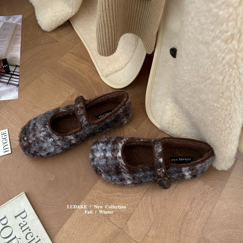 Inner Height Increase Leopard Print Mary Jane Fluffy Shoes Women Wear New Gray Woolen Single Shoes Thick-soled Velvet Cotton Shoes In Winter