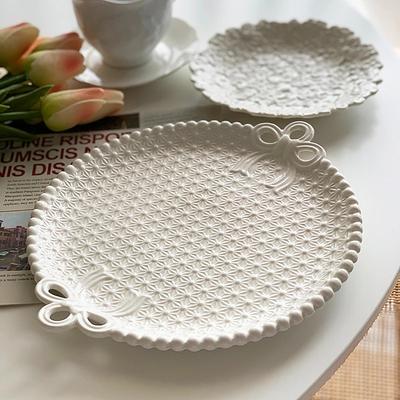 Bow Knot Pearl Relief Ceramic Breakfast Plate Vintage Western Food Plate