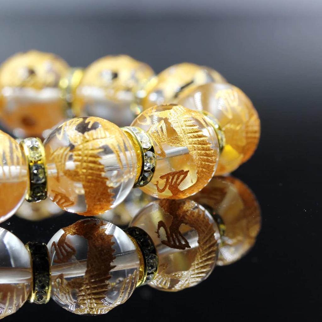 [Seki-Kira] 16mm Gold Rondelle Prayer Beads Bracelet with Gold Carved Five-Prong Emperor Dragon Crystal Power Stone [b337]