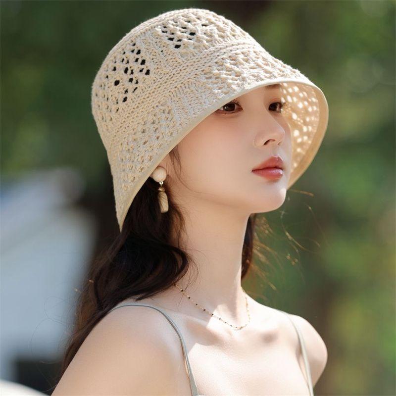 Pălărie de pescar tricotată coreeană cu goluri pentru femei, pentru vară, subțire și respirabilă, pălărie de soare