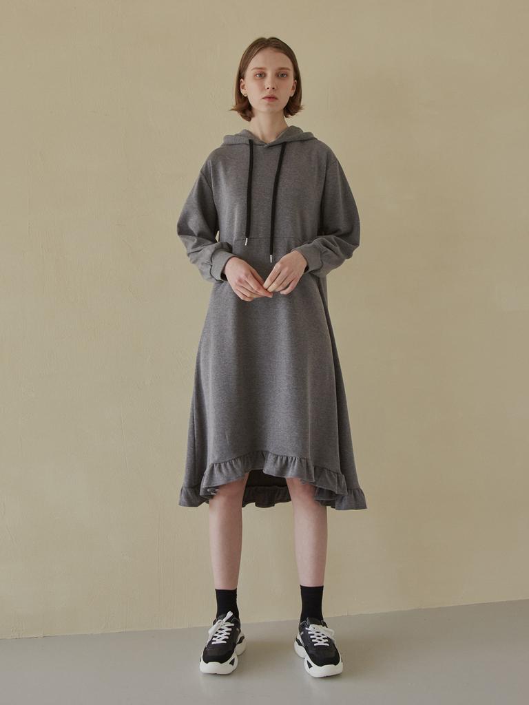 AVANT-G Hooded Frill Long Dress - Charcoal (Brushed Version)