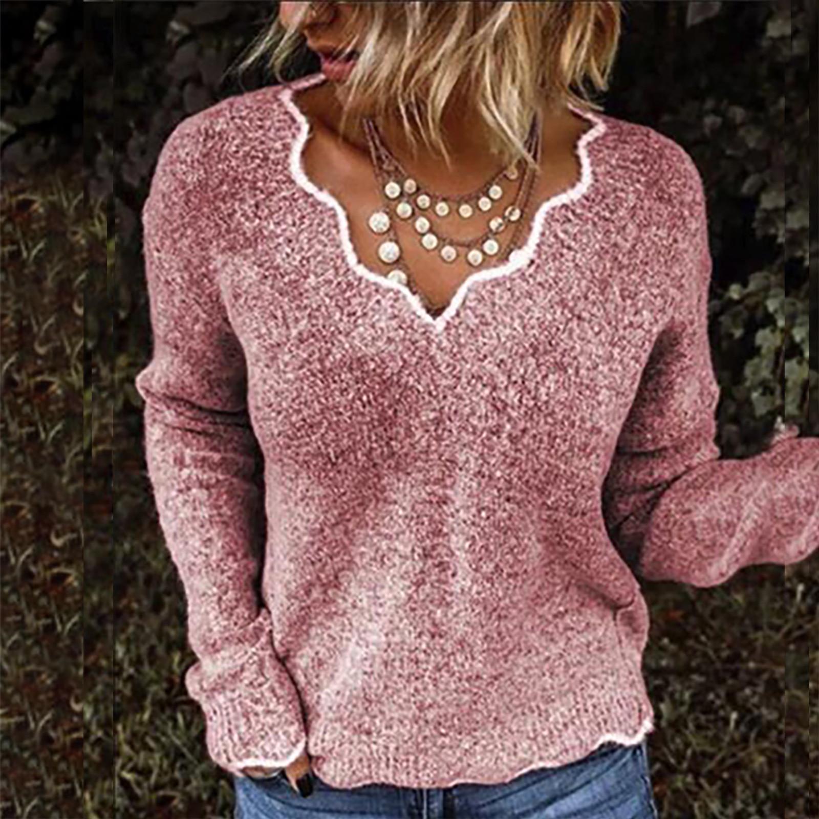 

Женские вязаные свитера с v-образным вырезом, пуловеры, топы, женский однотонный повседневный джемпер, осень-зима, женский с длинным рукавом XL розовый