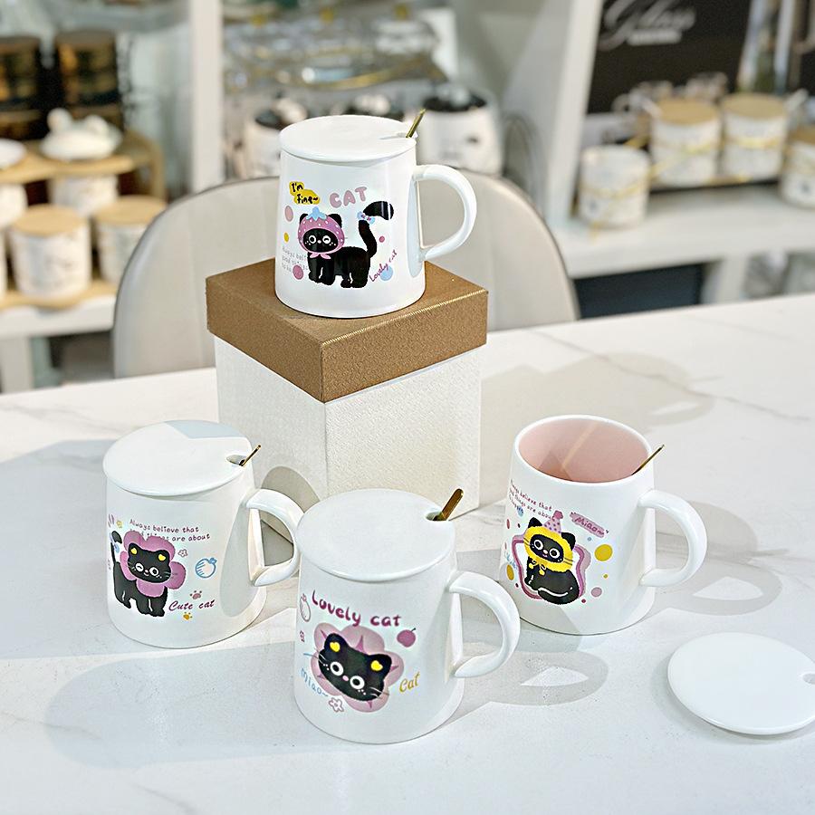 Cute and Funny Princess Cat Ceramic Water Cup New Style for Girls Household Mug Milk Coffee Cup with Lid Spoon