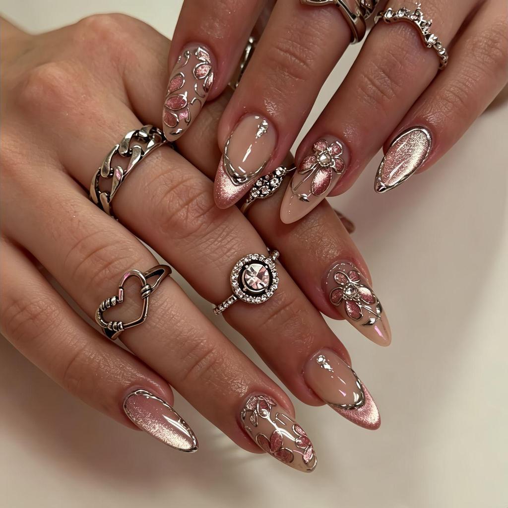 European 3D Wearable Nails: Silver Flakes & Cat Eye Diamonds, Begonia Flower French Manicure Stickers